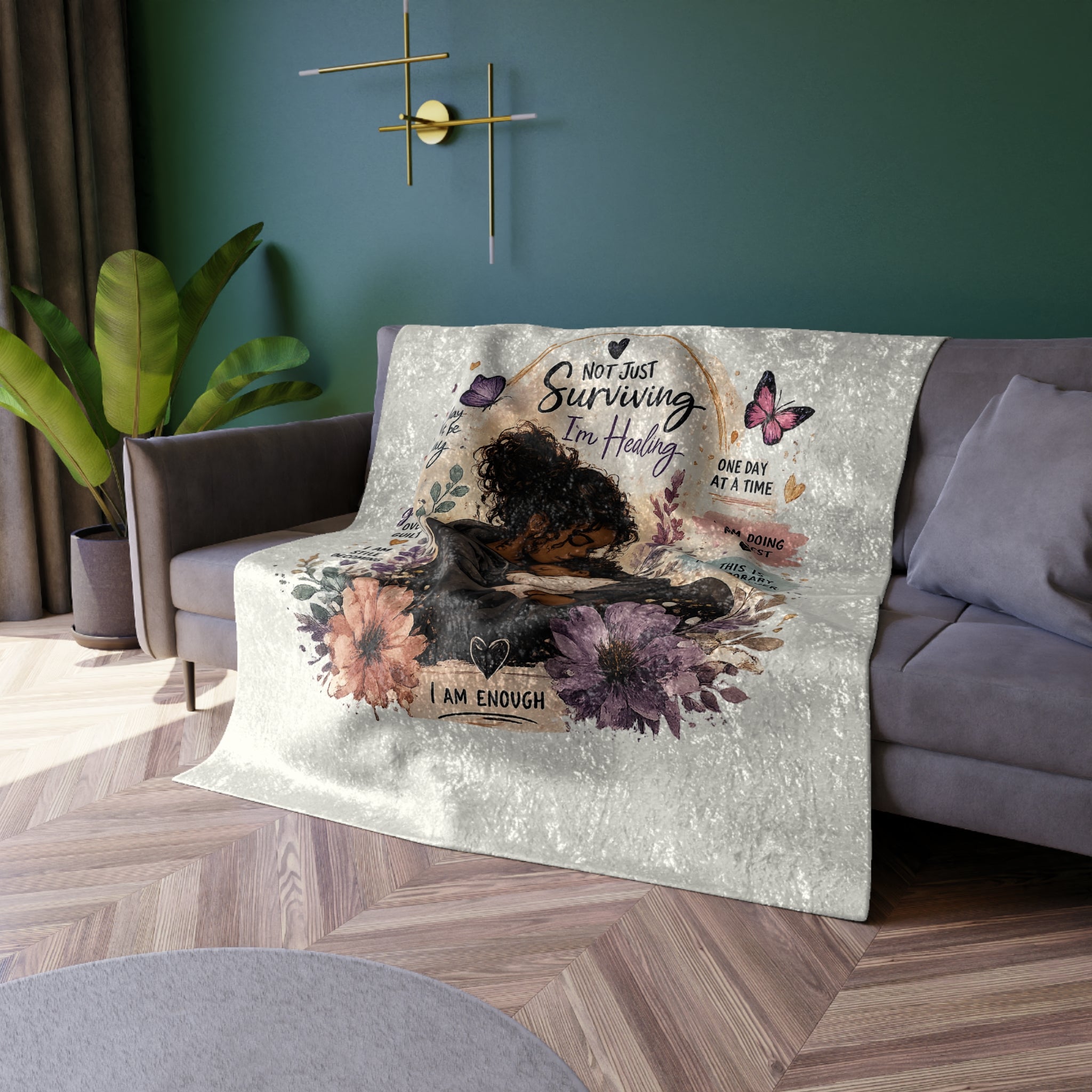 Crushed Velvet Blanket — "Not Just Surviving, I'm Healing" Comfort Throw for Moms (Inspirational Self-Care Design)