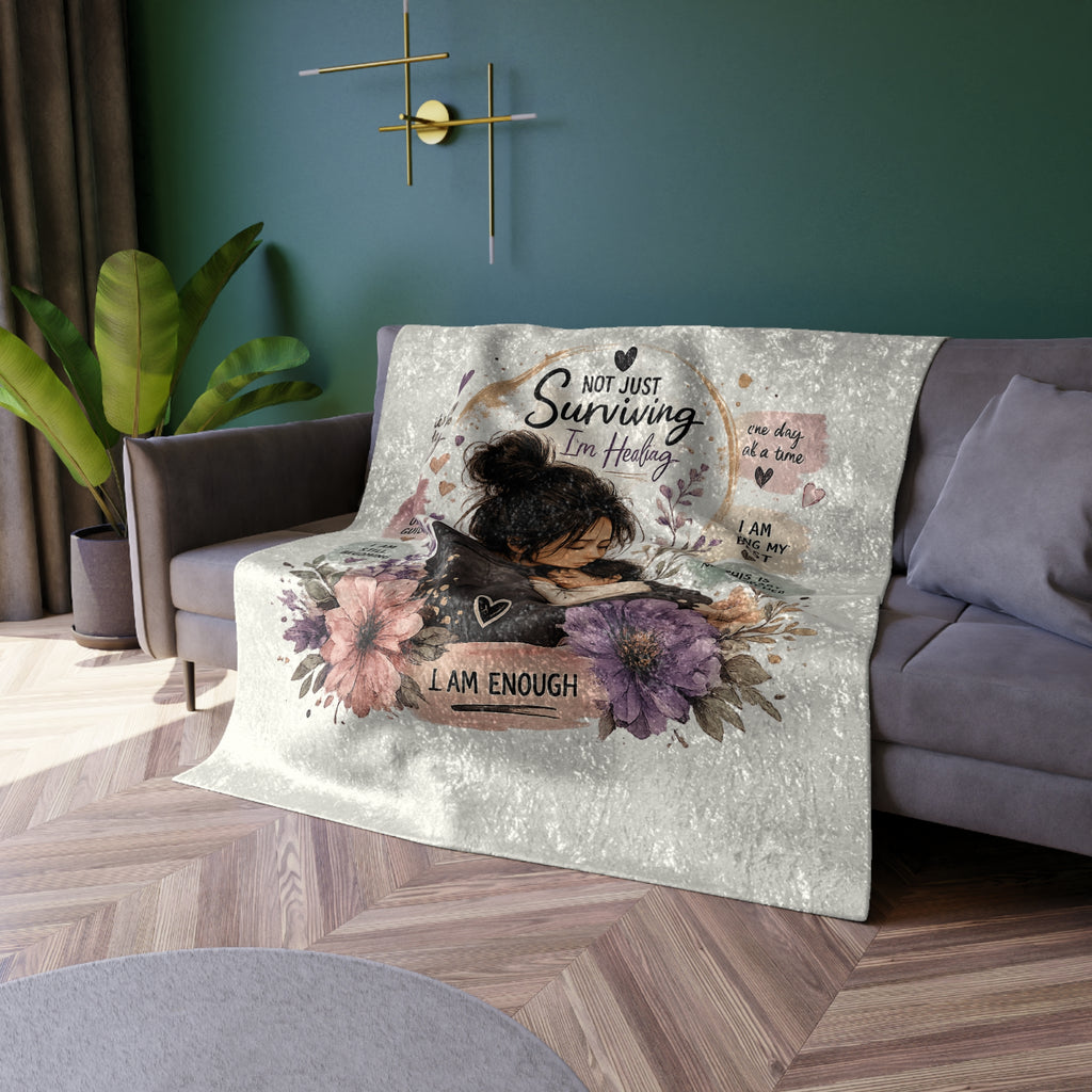 Crushed Velvet Blanket — 'Not Just Surviving, I'm Healing' Cozy Affirmation Throw
